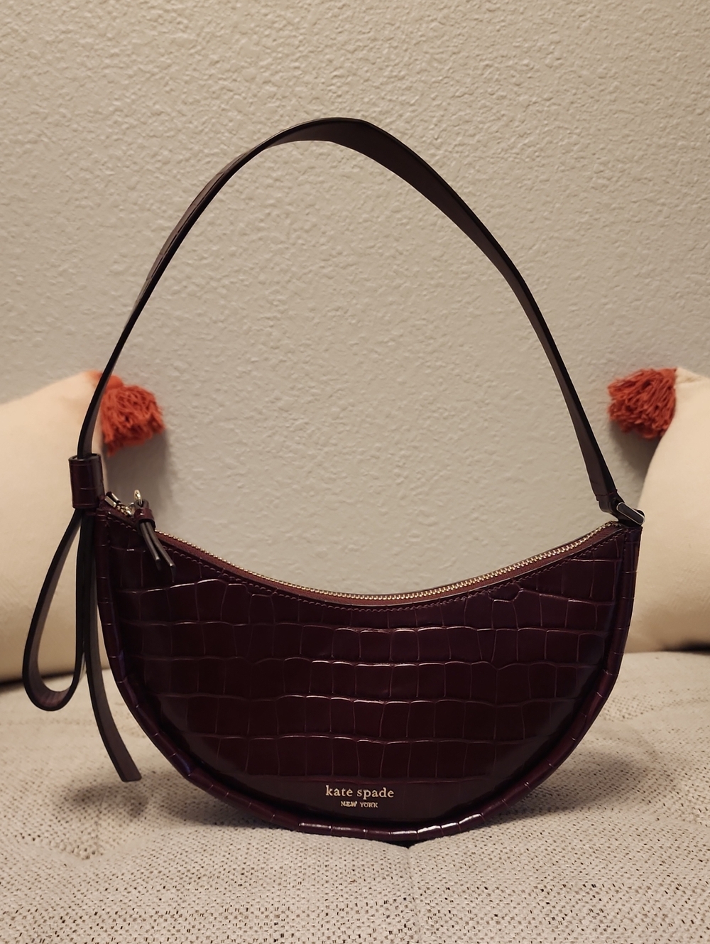 kate spade Croc-Embossed Crescent Shoulder Bag in Deep Burgundy